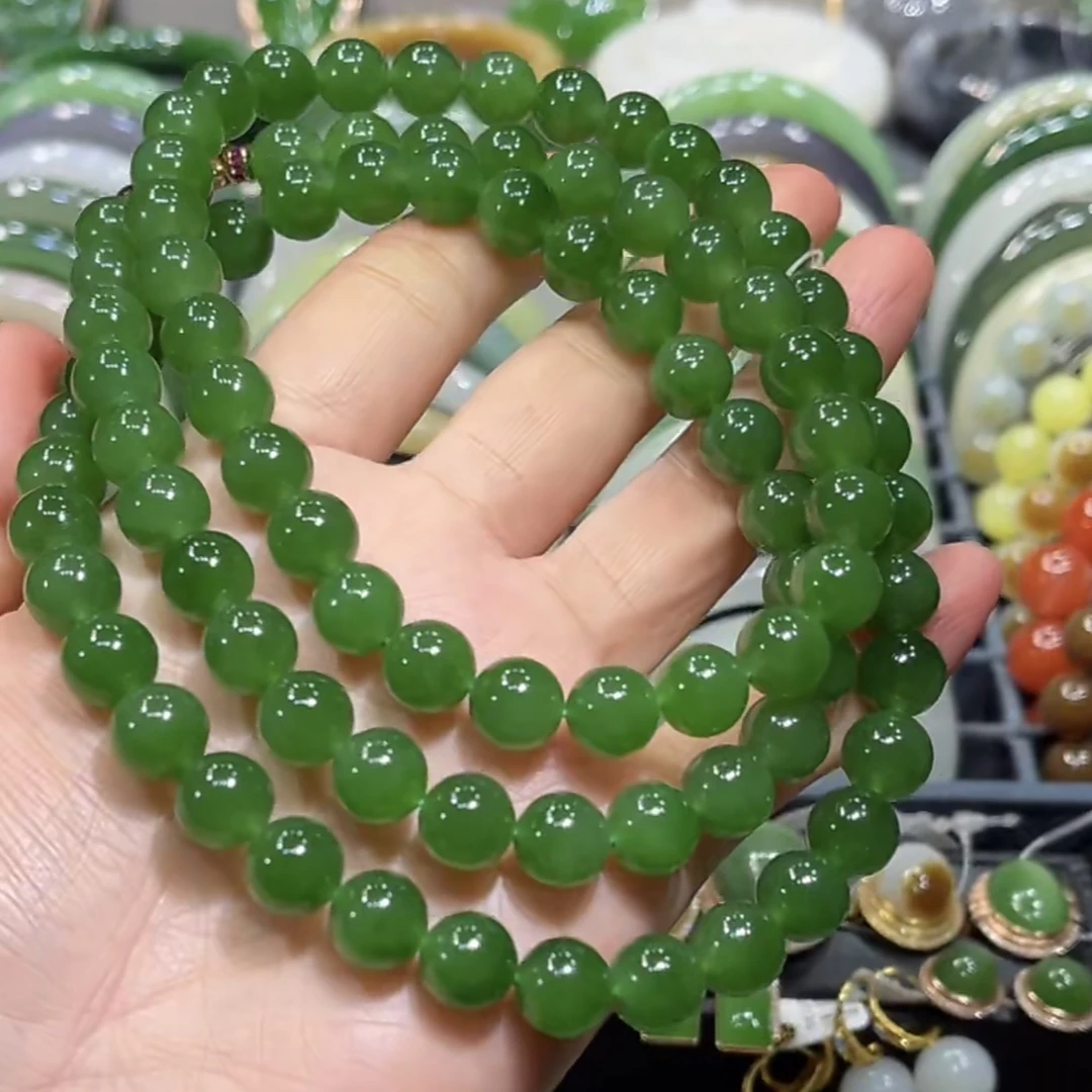 和田玉俄料碧玉高色阳绿项链10mm