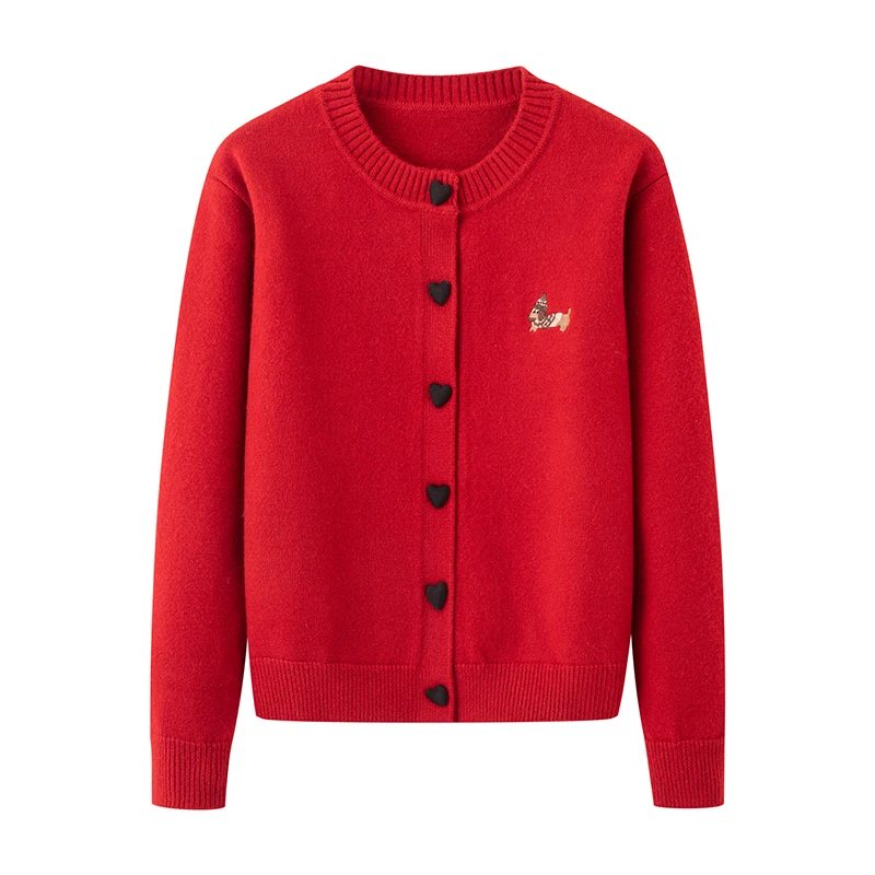 MM商场同款2025冬季新款时尚百搭圆领红色针织开衫毛衣女0091