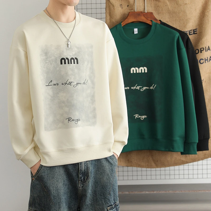 男士卫衣春秋季新款圆领百搭潮流上衣宽松大码套头青少年打底衫卫