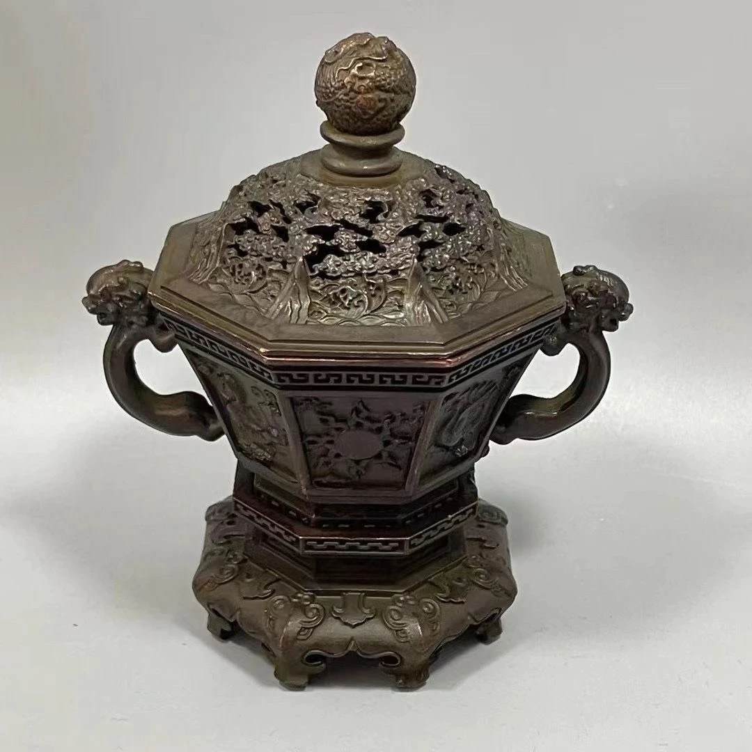 双狮耳四方神兽炉三层炉仿古做旧家用双耳三足香炉摆件复古薰炉