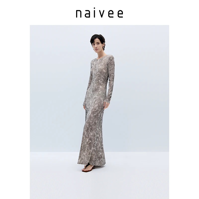 【官旗】Naivee/纳薇春南法海岛度假水墨染印花醋酸连衣裙25C262612