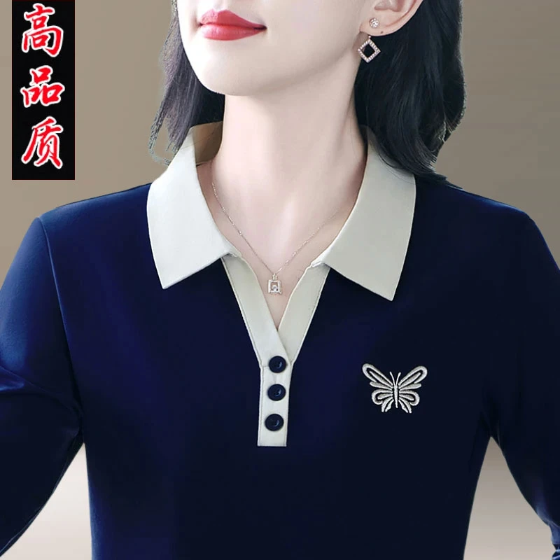 气质长袖女春秋2025新款减龄妈妈t恤宽松休闲polo衫绣花上衣翻领