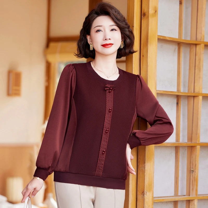 妈妈春装小衫时尚洋气2025新款打底衫中老年女装春秋款长袖上衣