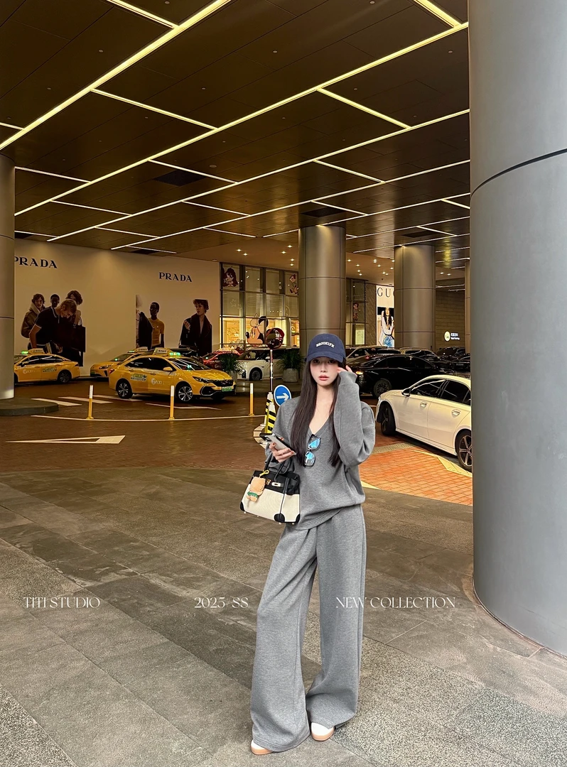 TITI - STUDIO“慵懒周末”松弛感v领套头长袖卫衣松紧腰休闲裤套装