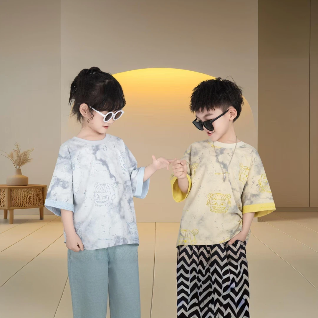 男童女童同款短袖新款索罗娜双色彩拔工艺烧花哪吒工艺