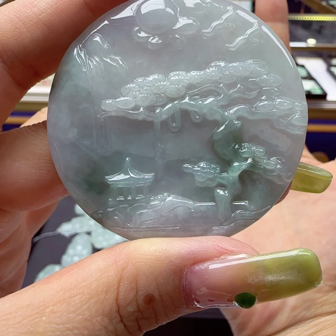 翡翠挂件未镶嵌指***光山水牌