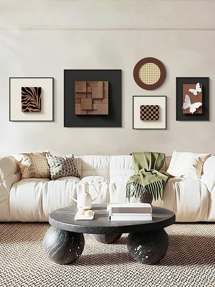 立体胡桃木实木客厅挂画中古沙发背景墙壁画砂岩高级感美拉德壁画