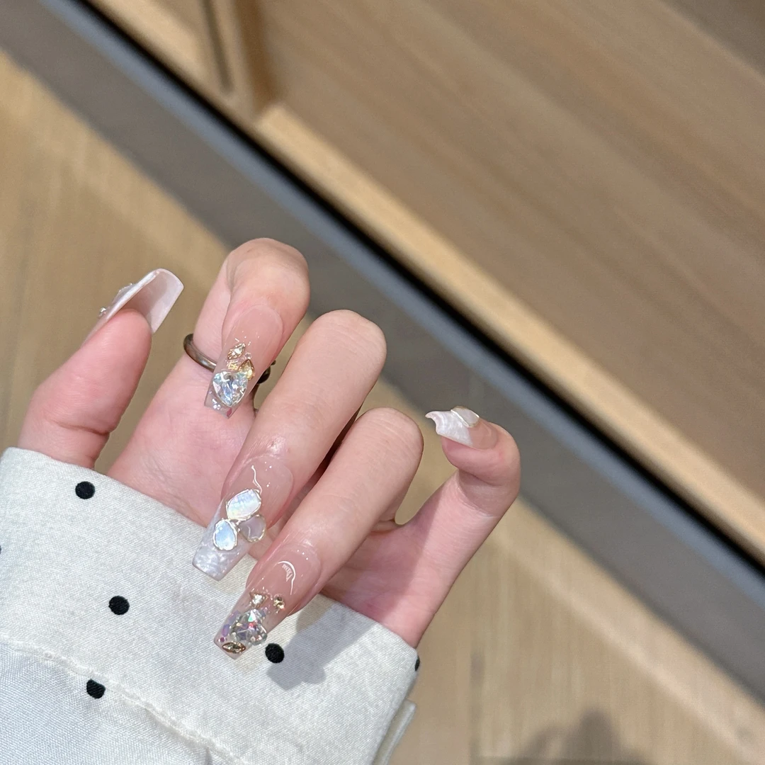 【极光贝母】纯手工穿戴甲ins贴钻爆闪指甲贴法式指甲贴美甲贴片