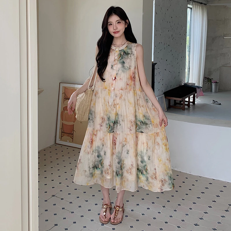 2025夏季新款设计感油画吊带裙女小众宽松绝美度假长裙海边沙滩裙