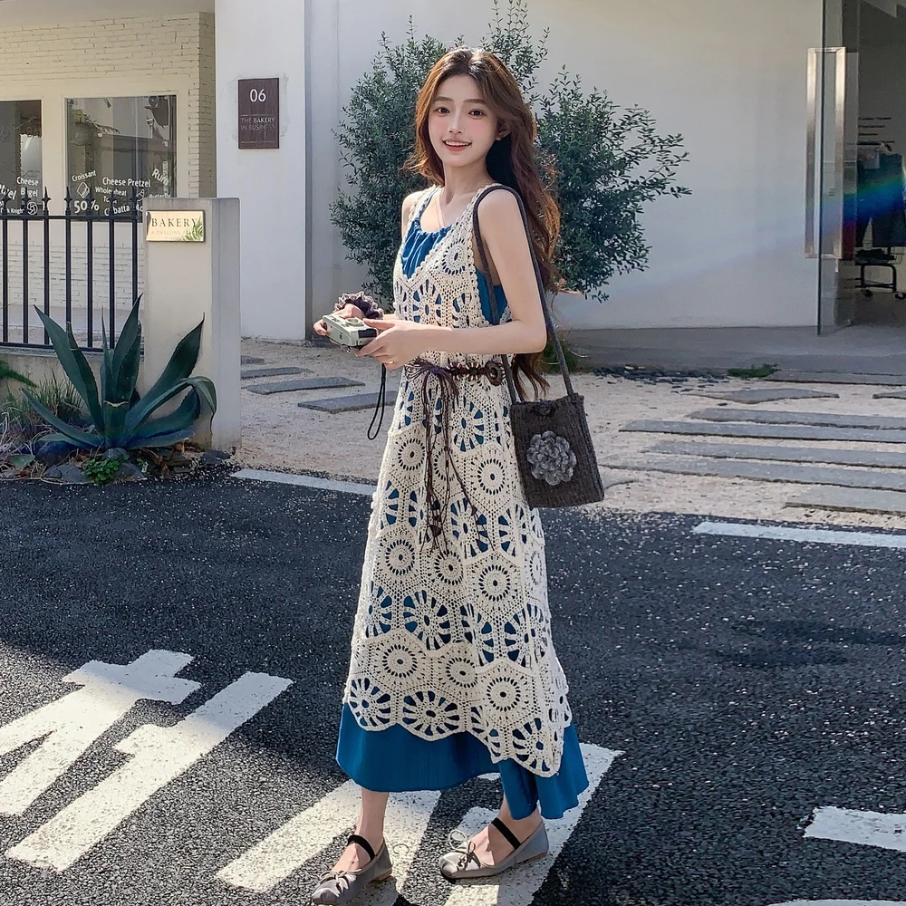 法式复古镂空罩衫吊带连衣裙套装女夏2025新款森系超火减龄两件套