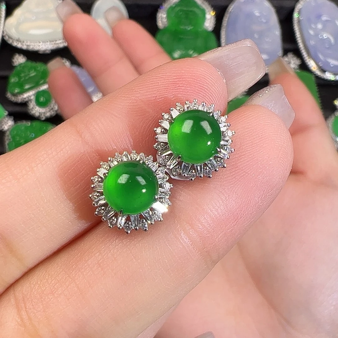 翡翠耳饰18K金镶嵌蛋面