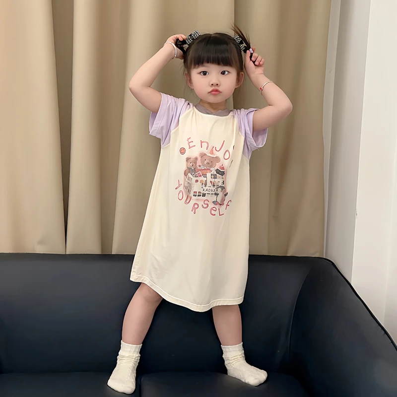 儿童睡衣夏季短袖可爱风小熊女宝宝连衣睡裙中大童夏天薄款家居服