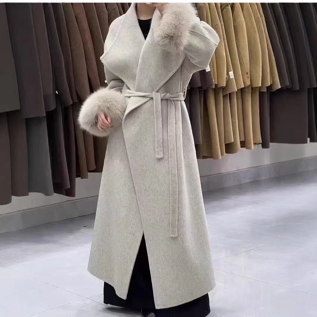 加长款狐狸毛高端2025秋冬新款双面毛呢大衣系带时尚气质毛呢外套