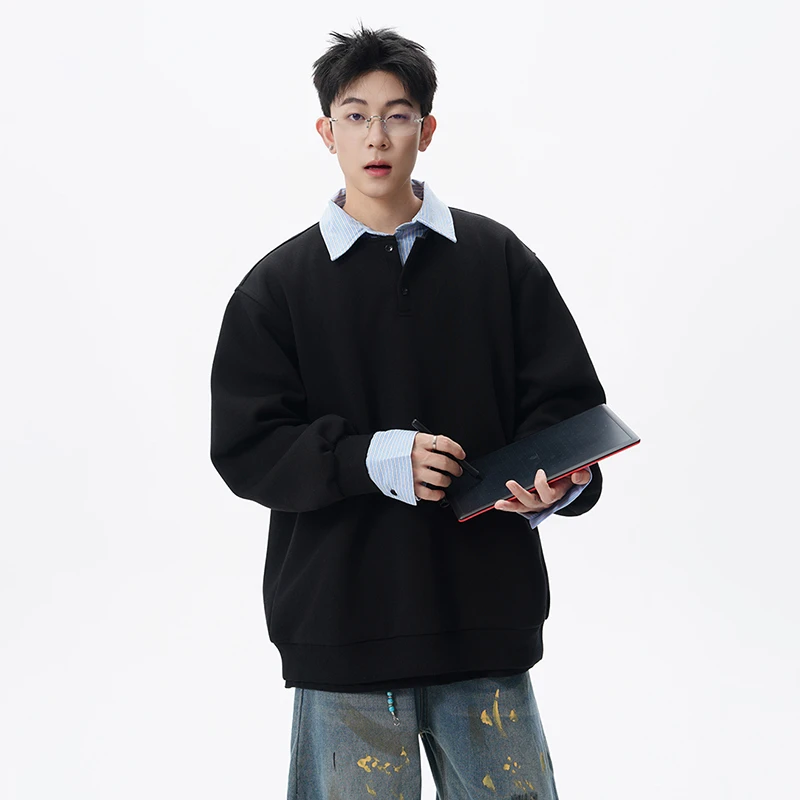 韩版衬衫领卫衣长袖拼接假两件休闲抓绒卫衣百搭圆领日系男装撞色