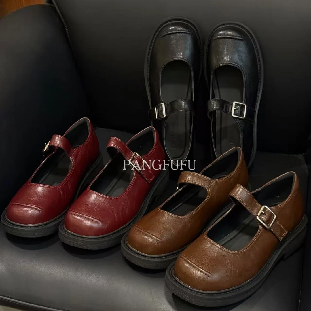 【胖福福大码女鞋】法式复古玛丽珍皮鞋一字扣带配裙子浅口粗跟单鞋