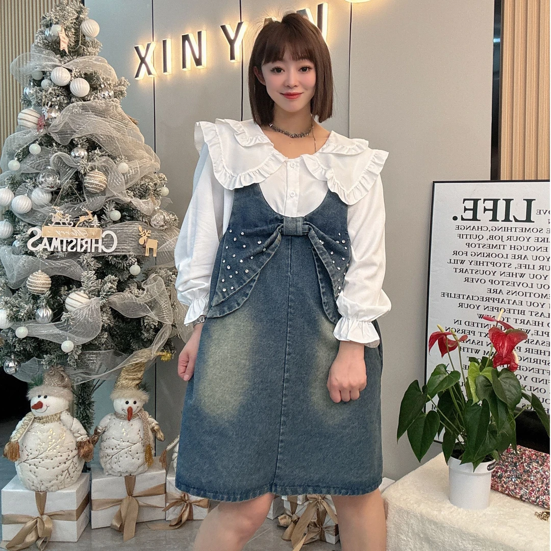 【木果甄选】2025新款减龄娃娃领衬衫搭配水洗牛仔连衣裙套装