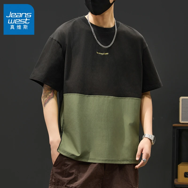 Jeanswest/真维斯春夏新款男士短袖T恤潮流拼色宽松百搭休闲圆领