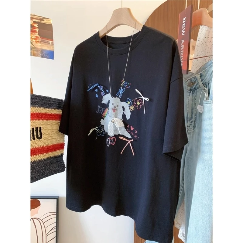 大码女装彩色狗狗印花立体蝴蝶结短袖T恤胖MM减龄宽松纯棉上衣夏