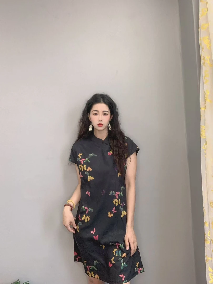 七彩蝶 盘扣夏季新中式女装常规春夏显瘦中长款黑色