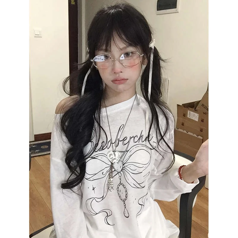 白色蝴蝶结印花斜肩防晒长袖罩衫t恤女夏季轻薄款慵懒风宽松上衣