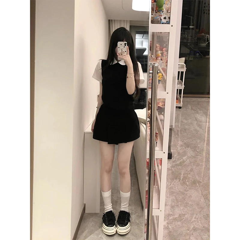 学院风穿搭翻领短袖上衣女外窗背心夏季新款高腰时尚显瘦休闲短裙