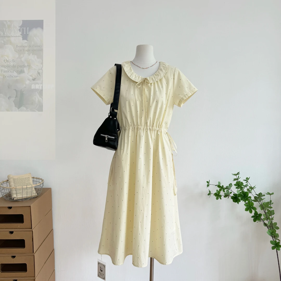 奶兔星球-自制 花边翻领星星花纯棉连衣裙女夏插袋收腰长款a字裙