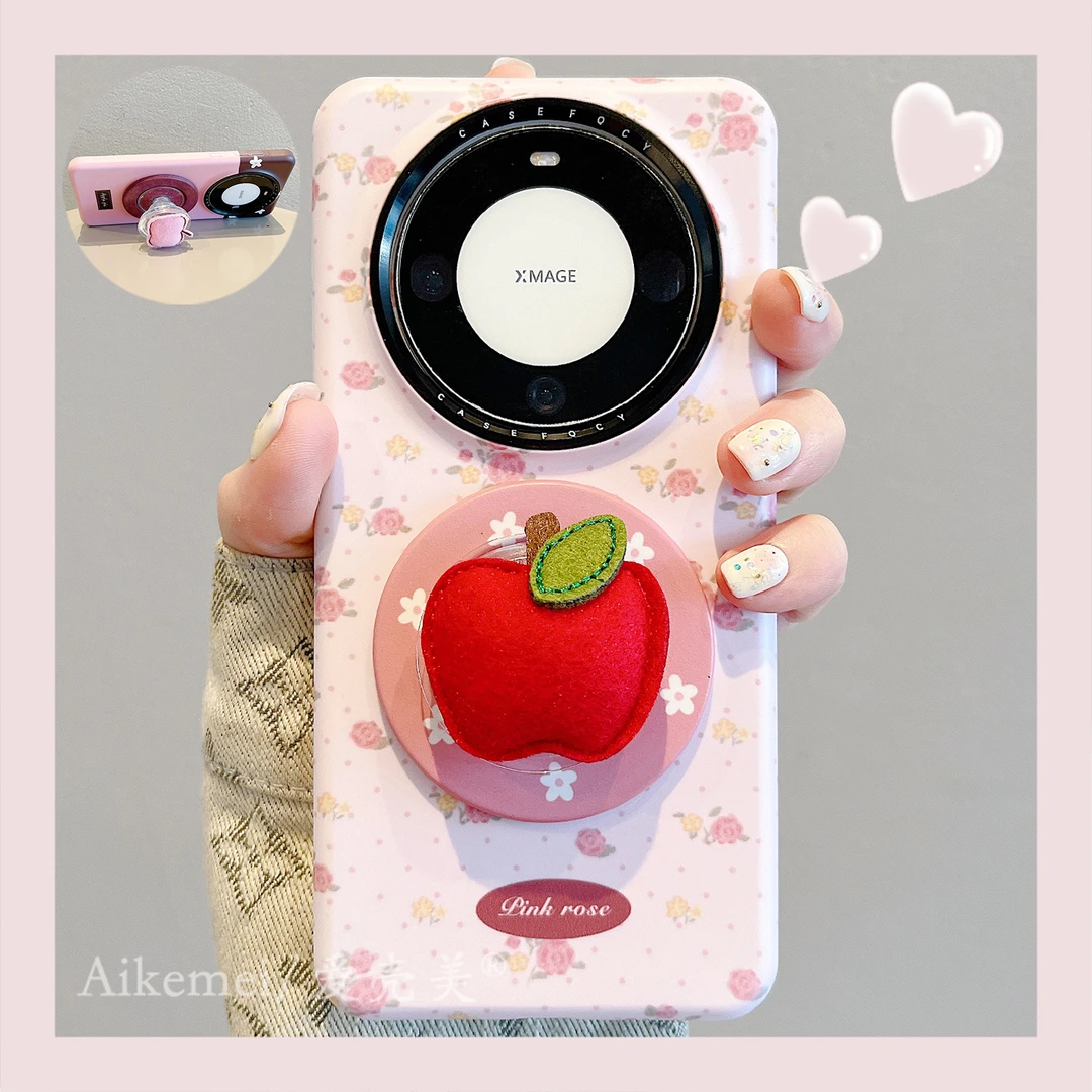 适用华为mate70pro+手机壳菲林粉玫瑰mate60pro+立体苹果磁吸支架