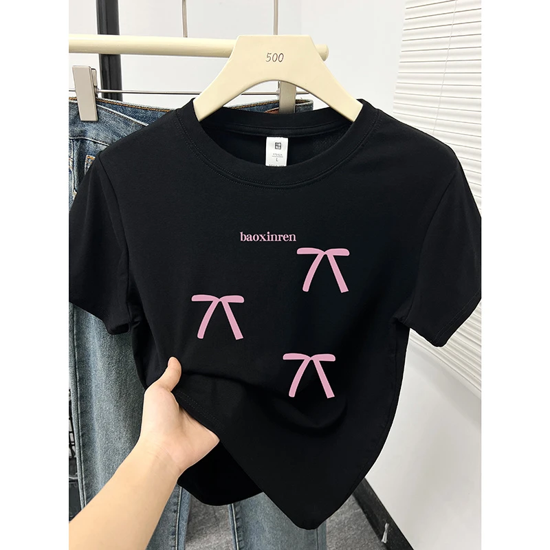 正肩短袖女t恤夏季新款韩版小众蝴蝶结印花时尚显瘦圆领内搭上衣