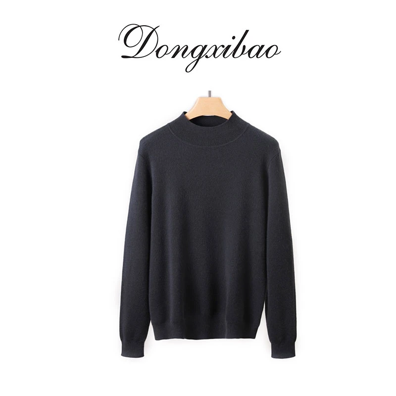 【奥利奥】三层加厚空气层精纺纯山羊绒半高领打底宽松针织上衣 新