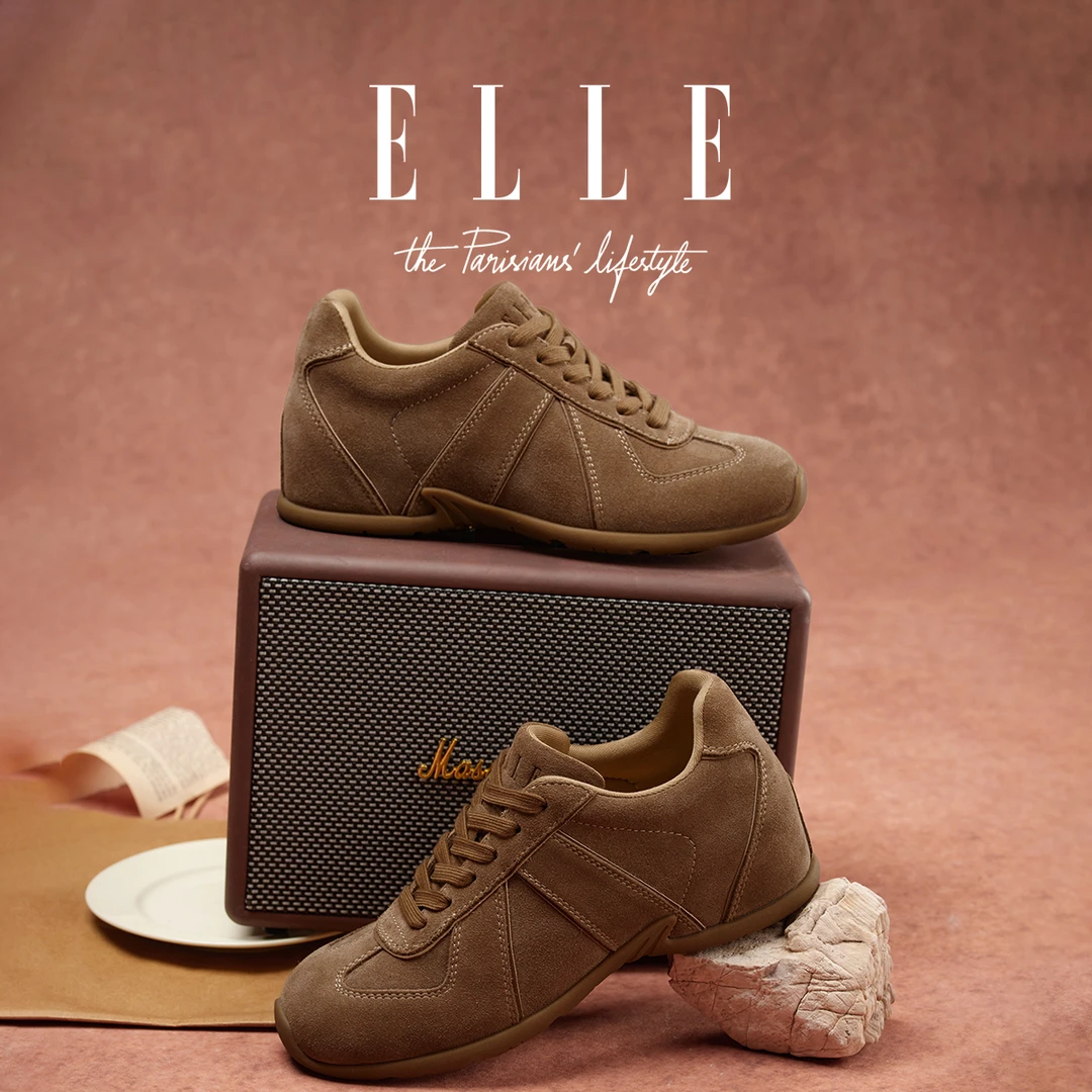 ELLE琥珀流光德训鞋内增高女鞋2025新款小众复古薄底运动休闲鞋子