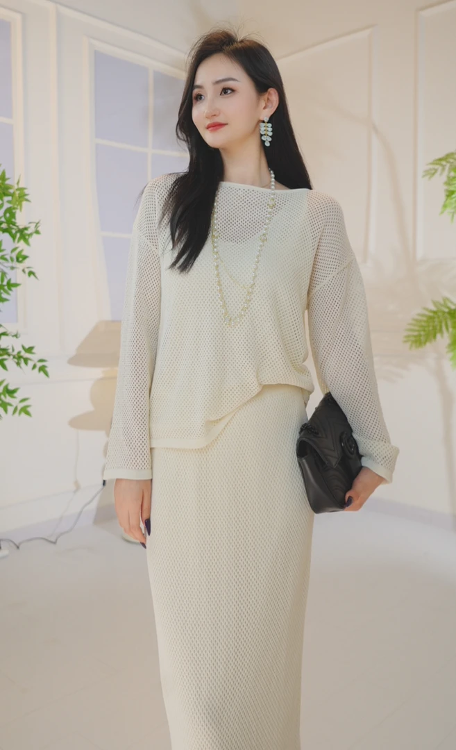 2025早春船领手工花朵胸针镂空直筒宽松百搭针织套装女长袖004