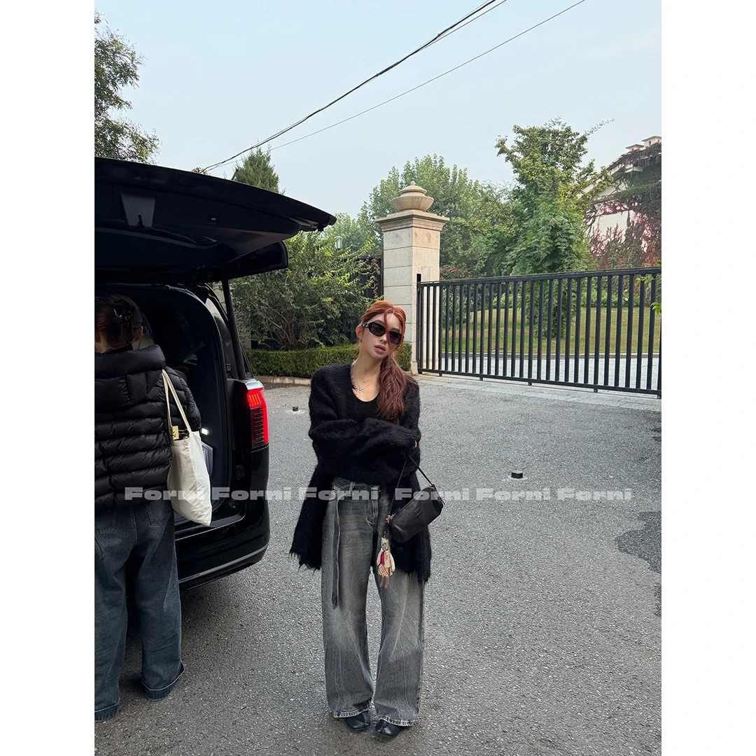 FORNI 陨石牛仔 水洗烟灰色带腰带直筒牛仔裤