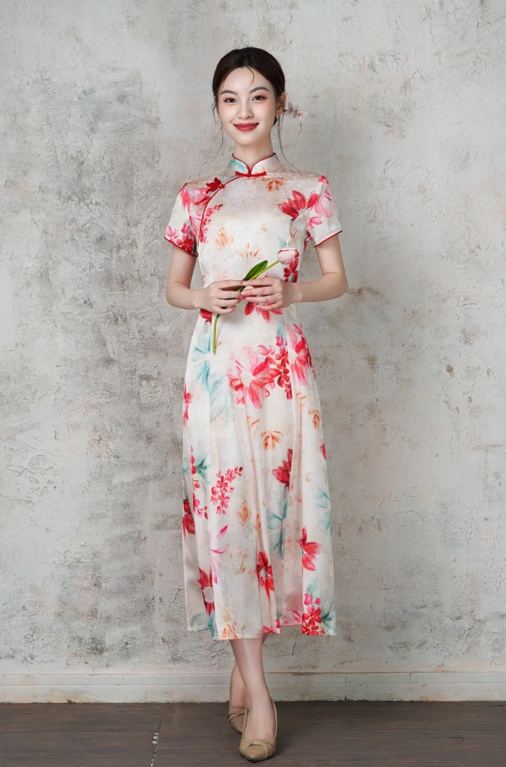 中国风中长裙高考日常旗袍中式双层碎花中长款印花