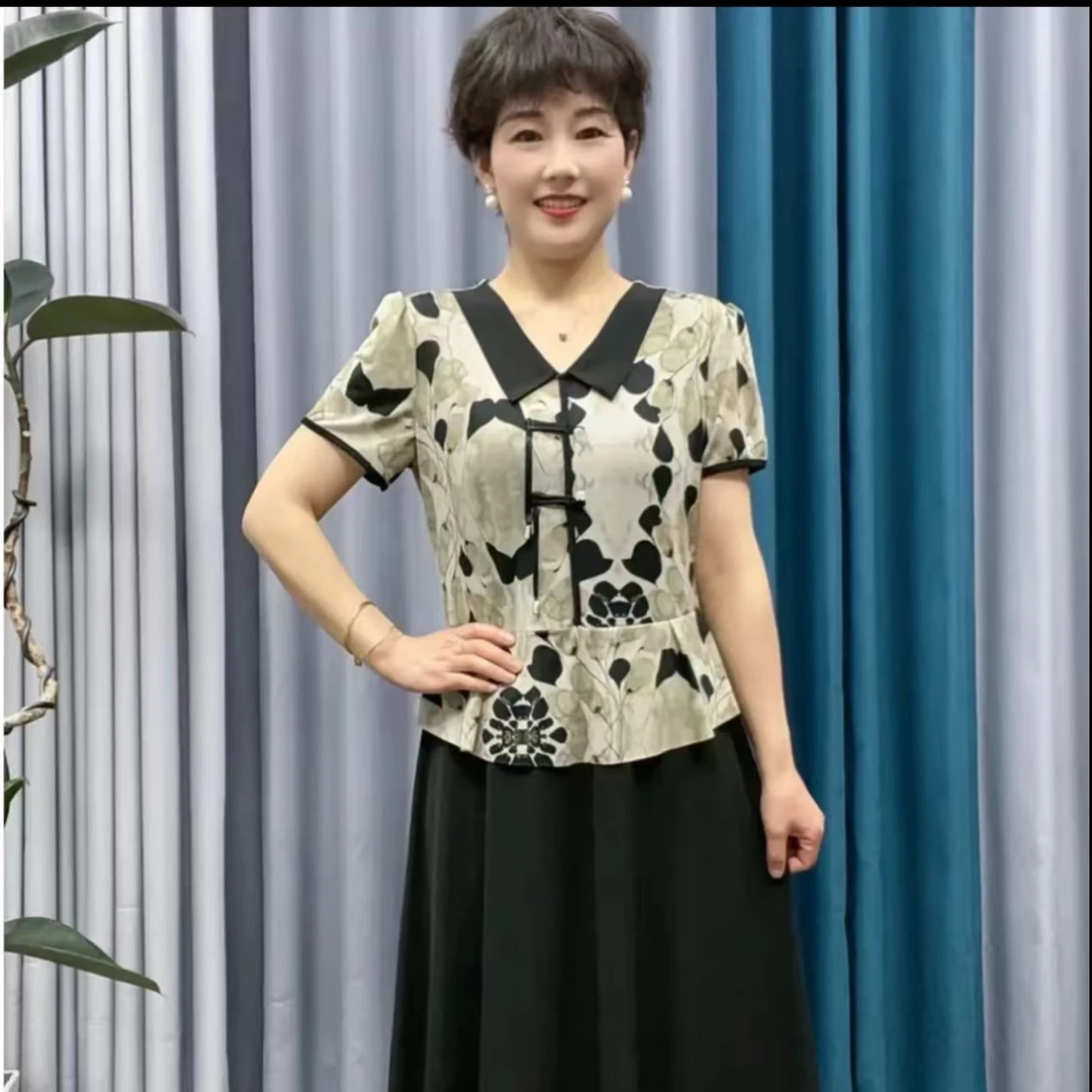 9858-夏季新款中年短袖连衣裙遮肚显洋气女士裙子女【B17-2-1]