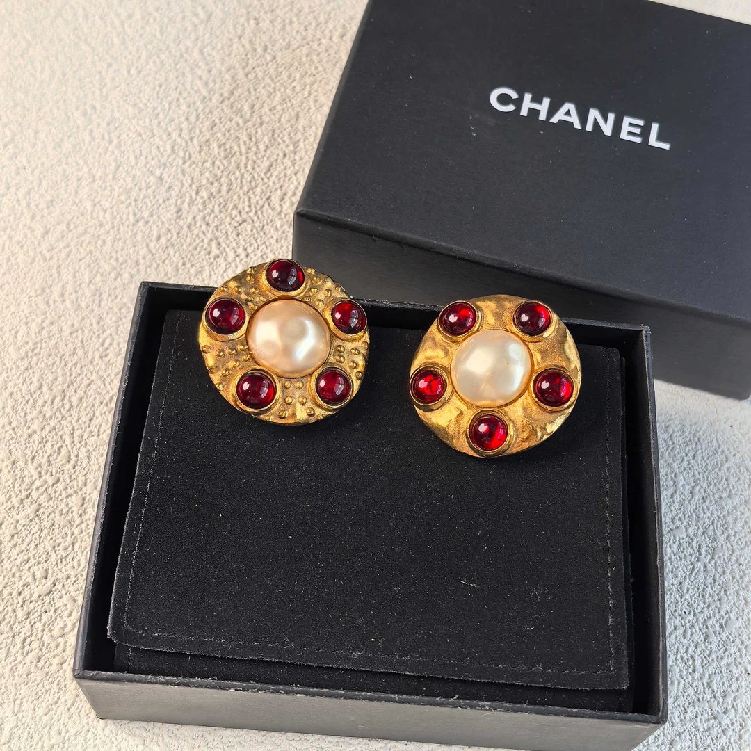 95新 Chanel/香奈儿 泡泡中古Chanel红琉璃圆盘珍珠耳夹