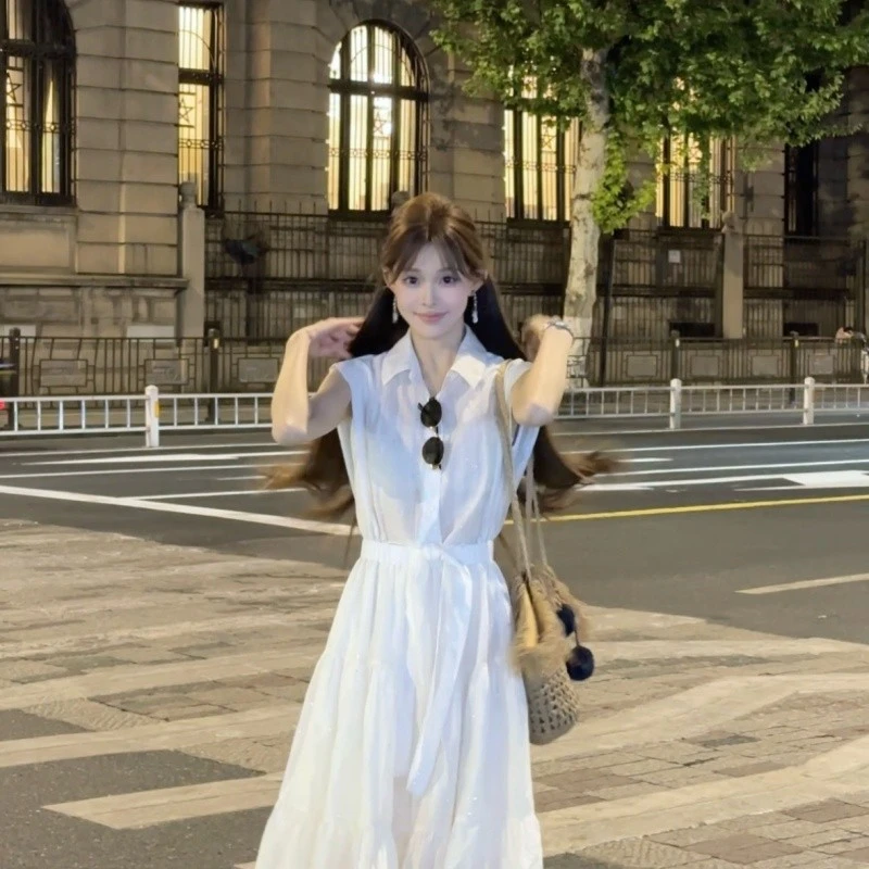 夏天新款通勤风法式无袖连衣裙气质收腰设计感小众显瘦衬衫长裙女