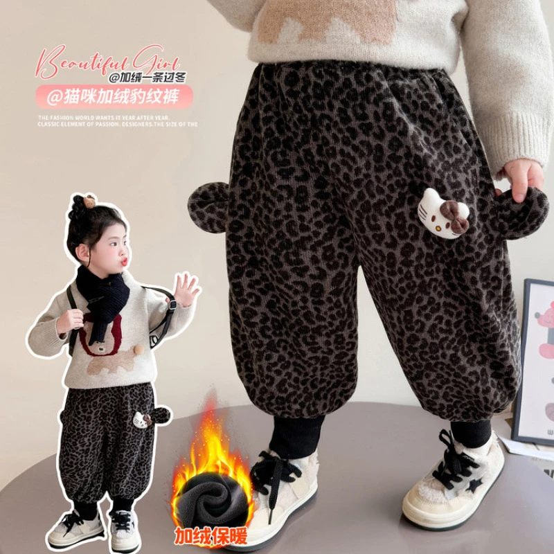 女童豹纹加绒裤子秋冬季2025新款儿童洋气哈伦裤宝宝保暖束脚裤潮