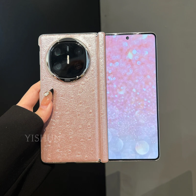 适用华为matex6手机壳折叠屏新款耐脏真皮中轴保护鸵鸟纹matex5高