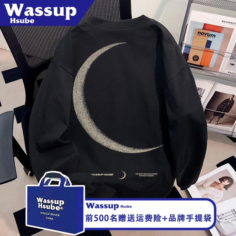 WASSUP HSUBE秋季黑色潮酷T恤创意图案印花纯棉长袖ins男女款上衣