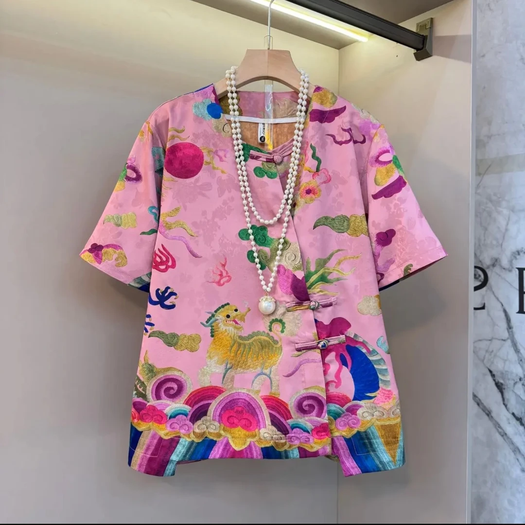 芃98073夏季新款大码女装新中式国风斜襟盘扣大花半袖雪纺衫上衣