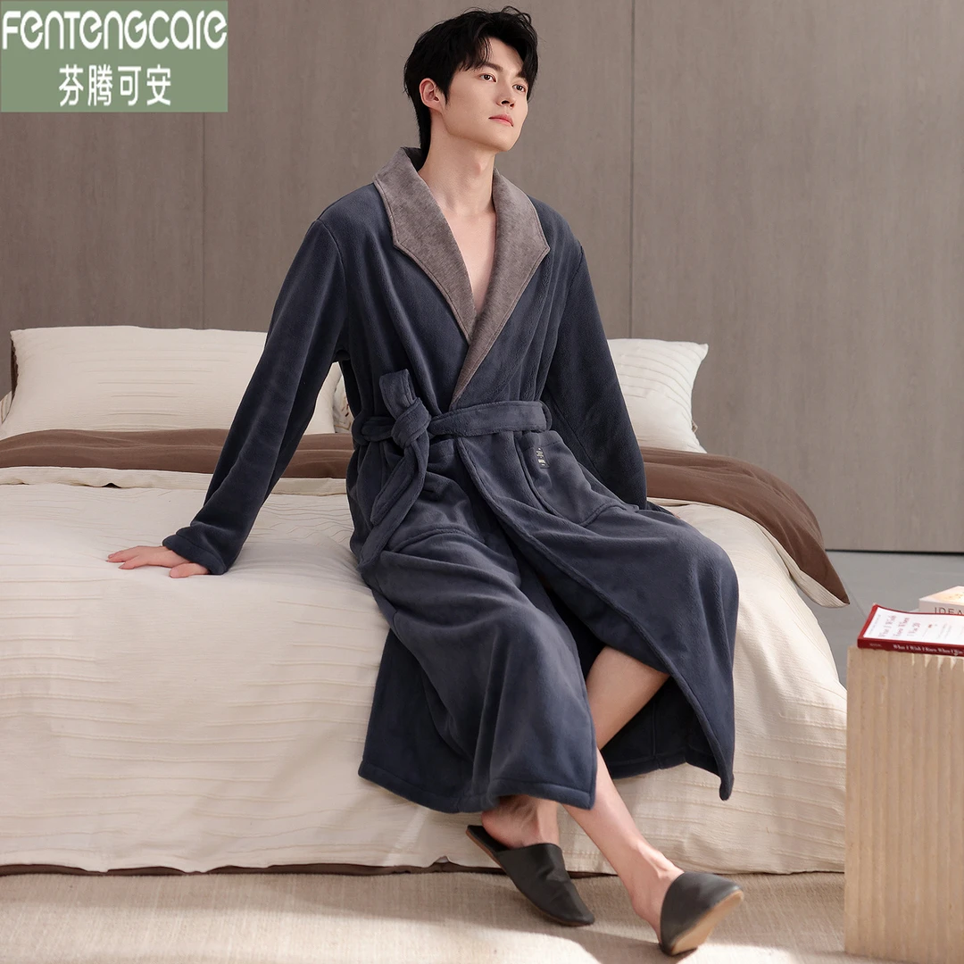 芬腾可安秋冬加厚法兰绒睡袍男士加绒保暖冬款晨袍浴袍睡衣家居服