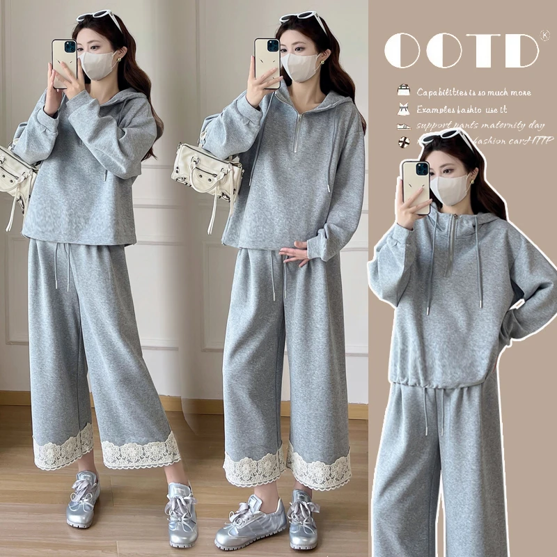 孕妇装灰色休闲连帽卫衣套装女2025春秋新款蕾丝花边阔腿裤两件套