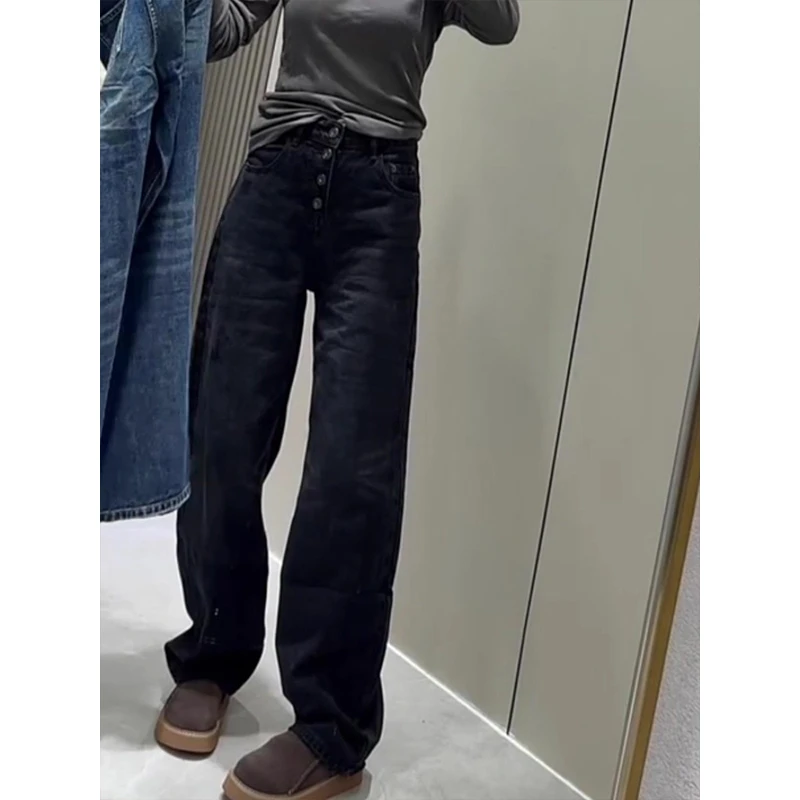 单排扣高腰直筒宽松显瘦阔腿牛仔裤女2025年秋季新款百搭长裤子