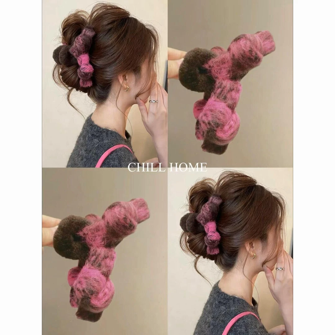 双层蝴蝶结毛绒撞色抓夹秋冬新款大号后脑勺鲨鱼夹半扎发夹发饰女