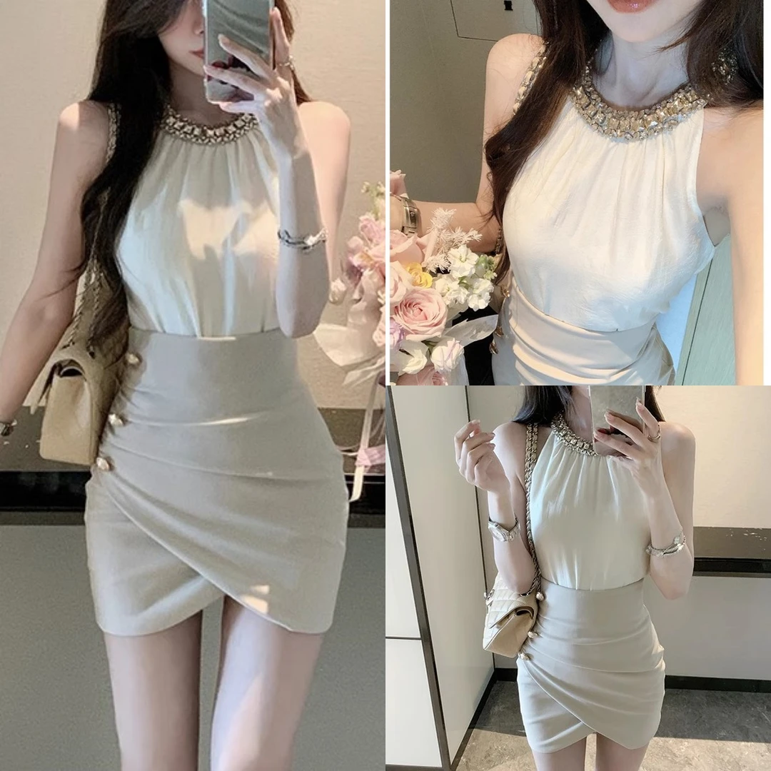 秘书法则镶钻挂脖无袖时尚雪纺上衣+高腰半身裙两件套装裙女新款