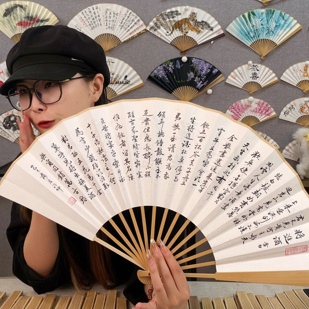 国画10寸玉竹-纯手绘-文玩扇骨（默认粘好）