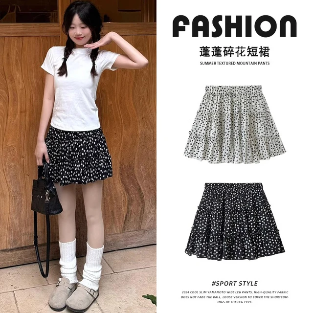 小清新碎花雪纺半身裙女春季高腰a字伞裙2025新款小个子百褶短裙