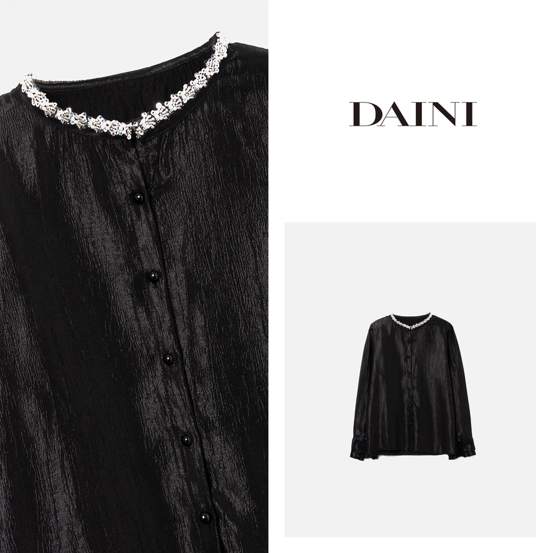 【萍萍推荐】春季圆领重工钉珠压褶微喇袖小衫时尚气质小众设计衬衫