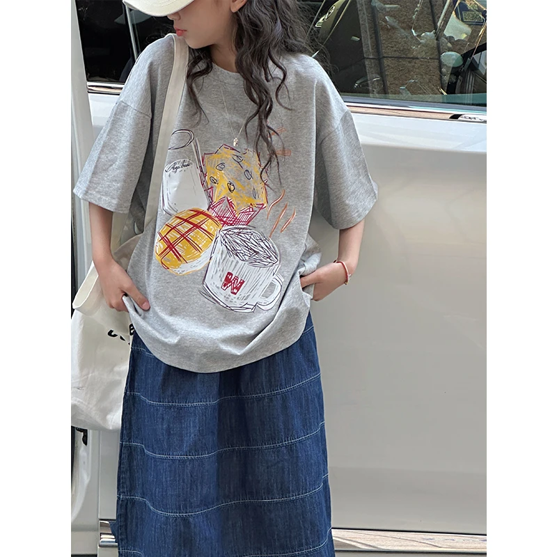K28834涂鸦女童短袖T恤2025新款夏装儿童洋气上衣宽松休闲半袖潮t