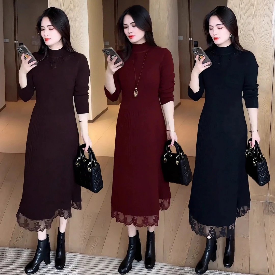 时尚气质针织连衣裙女2025秋冬新款洋气显瘦蕾丝拼接半高领打底裙